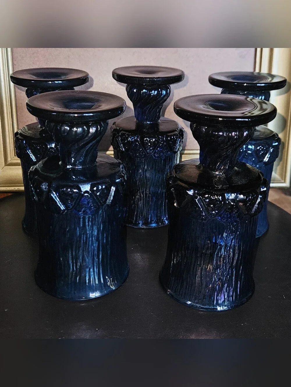 5 Vtg Fostoria Sorrento Blue Heavy Glass Goblets w Bark Texture & Twisted Stems